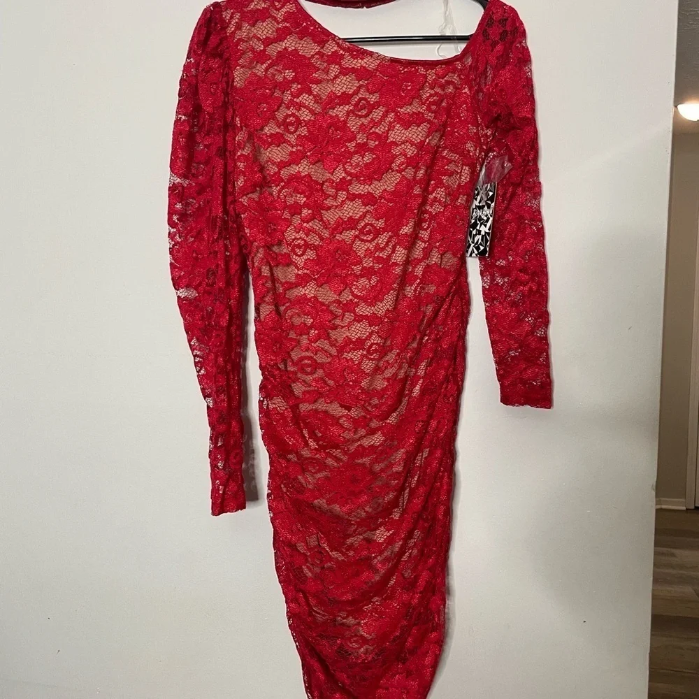 Bisou Bisou Red Asymmetrical Lace Dress - Picture 3 of 10